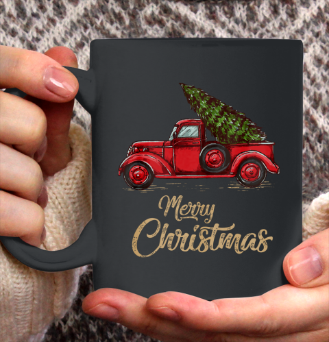 Funny Vintage Red Truck With Merry Christmas Tree Ceramic Mug 11oz