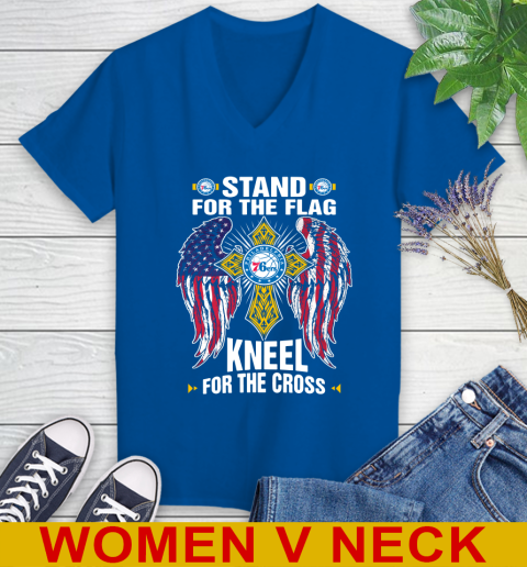 NBA Basketball Philadelphia 76ers Stand For Flag Kneel For The Cross Shirt Women's V-Neck T-Shirt - Image 10
