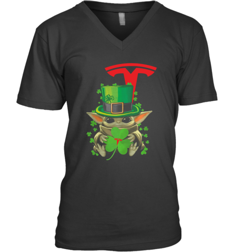 Baby Yoda Tesla Motors Shamrock St. Patrick's Day V-Neck T-Shirt