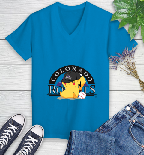 MLB Pikachu Baseball Sports Colorado Rockies Women's V-Neck T-Shirt 7