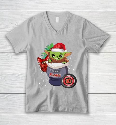 Calgary Flames Christmas Baby Yoda Star Wars Funny Happy NHL V-Neck T-Shirt 4