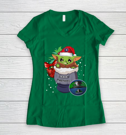 Minnesota Timberwolves Christmas Baby Yoda Star Wars Funny Happy NBA Women's V-Neck T-Shirt 5
