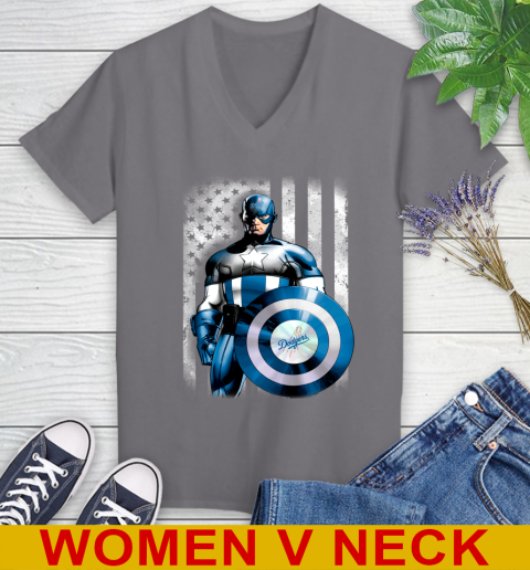 Los Angeles Dodgers MLB Baseball Captain America Marvel Avengers American Flag Shirt Women's V-Neck T-Shirt 11