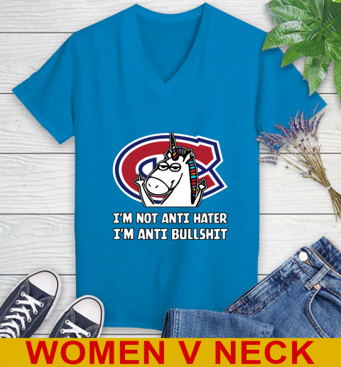Montreal Canadiens NHL Hockey Unicorn I'm Not Anti Hater I'm Anti Bullshit Women's V-Neck T-Shirt 8