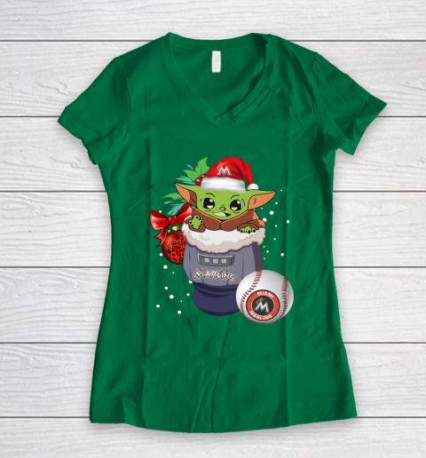 Miami Marlins Christmas Baby Yoda Star Wars Funny Happy MLB Women's V-Neck T-Shirt 5