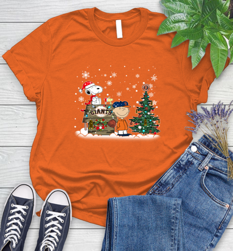 MLB San Francisco Giants Snoopy Charlie Brown Christmas Baseball Commissioner's Trophy Women's T-Shirt 3