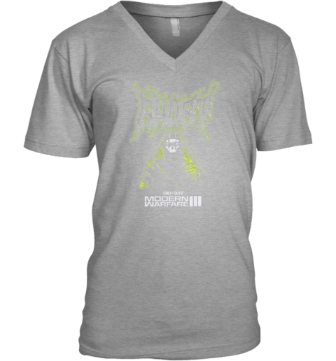 Modern Warfare III Ghost Metal V-Neck T-Shirt 0vl5 modern warfare iii ghost metal v neck unisex 8 front sport grey