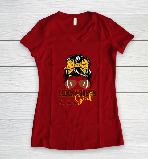 Retro Commanders Girl Messy Bun Sports Fan Team Matching Women's V-Neck T-Shirt 5