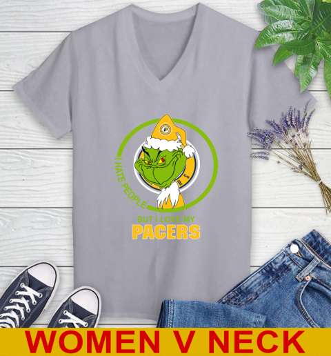 Indiana Pacers NBA Christmas Grinch I Hate People But I Love My Favorite Basketball Team Women's V-Neck T-Shirt 5
