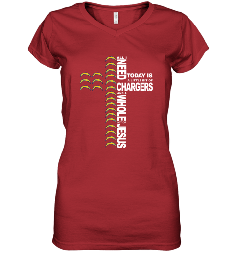 NFL All I Need Today Is A Little Bit Of Los Angeles Chargers And A Whole Lot Of Jesus Football LmEZu4O96zY women v neck t shirt 39 95 151514 front red