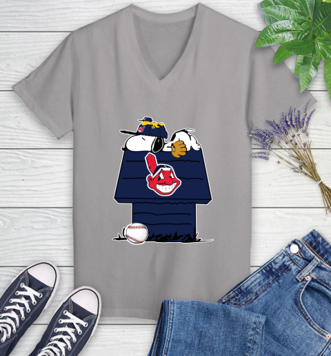 MLB Cleveland Indians Snoopy Woodstock The Peanuts Movie Baseball T Shirt Women's V-Neck T-Shirt 4