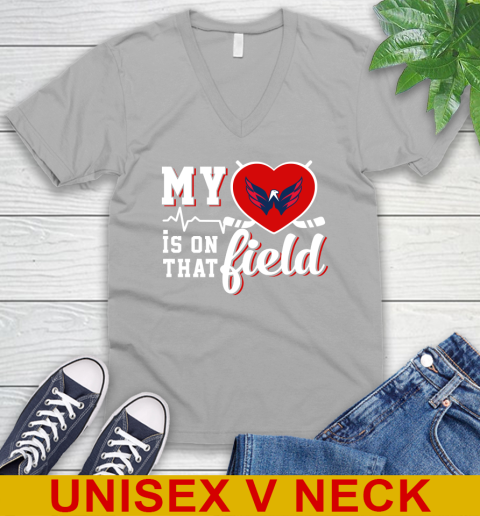 NHL My Heart Is On That Field Hockey Sports Washington Capitals V-Neck T-Shirt 3