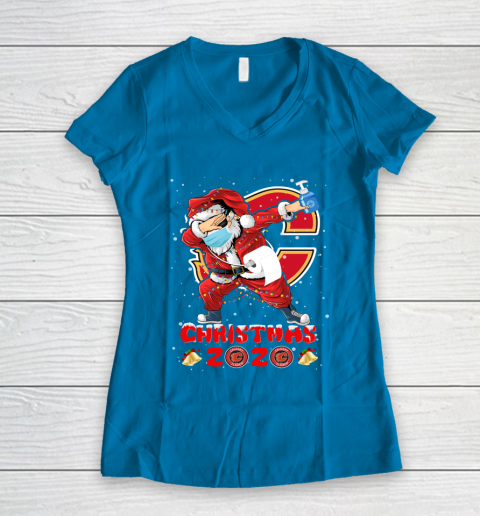 Calgary Flames Funny Santa Claus Dabbing Christmas 2020 NHL Women's V-Neck T-Shirt 5