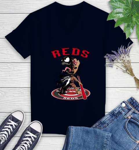 MLB Cincinnati Reds Baseball Venom Groot Guardians Of The Galaxy Women's V-Neck T-Shirt 3