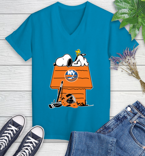 New York Islanders NHL Hockey Snoopy Woodstock The Peanuts Movie (1) Women's V-Neck T-Shirt 7