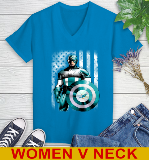 Miami Dolphins NFL Football Captain America Marvel Avengers American Flag Shirt Women's V-Neck T-Shirt 7