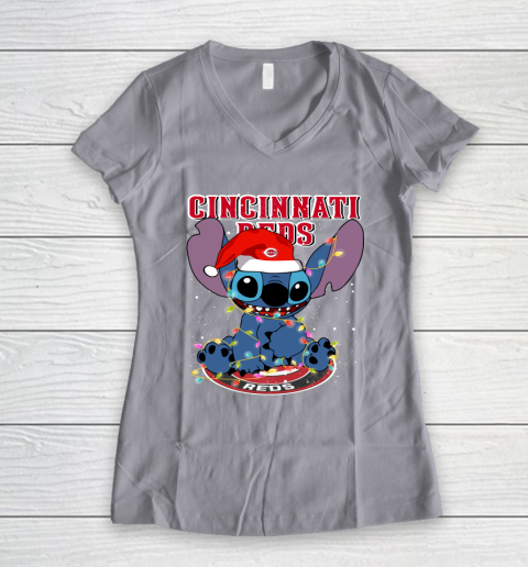 Cincinnati Reds MLB noel stitch Baseball Christmas Women's V-Neck T-Shirt 2