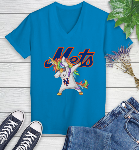 New York Mets MLB Baseball Funny Unicorn Dabbing Sports Women's V-Neck T-Shirt 7