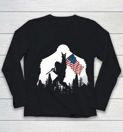Bigfoot Victorty sign Peace USA Flag in the forest Camping Youth Long Sleeve