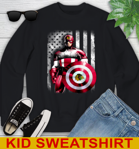 Chicago Blackhawks NHL Hockey Captain America Marvel Avengers American Flag Shirt Youth Sweatshirt