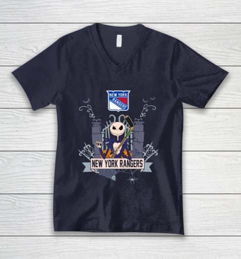 NHL New York Rangers Hockey Jack Skellington Halloween V-Neck T-Shirt 2