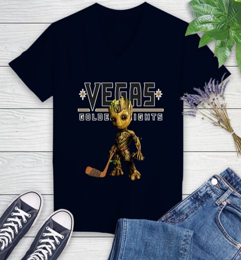 Vegas Golden Knights NHL Hockey Groot Marvel Guardians Of The Galaxy Women's V-Neck T-Shirt 3