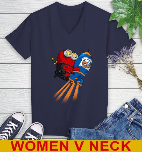 NHL Hockey New York Islanders Deadpool Minion Marvel Shirt Women's V-Neck T-Shirt 12