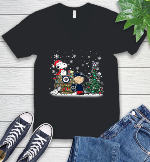 NHL Winnipeg Jets Snoopy Charlie Brown Woodstock Christmas Stanley Cup Hockey V-Neck T-Shirt