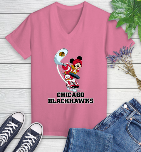 NHL Hockey Chicago Blackhawks Cheerful Mickey Mouse Shirt Women's V-Neck T-Shirt 11