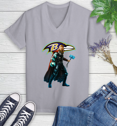 NFL Thor Avengers Endgame Football Baltimore Ravens Women's V-Neck T-Shirt 4