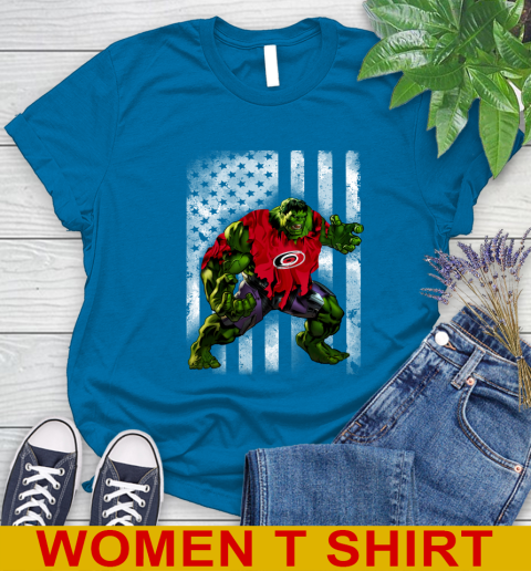 Carolina Hurricanes Hulk Marvel Avengers NHL Hockey American Flag Women's T-Shirt 8