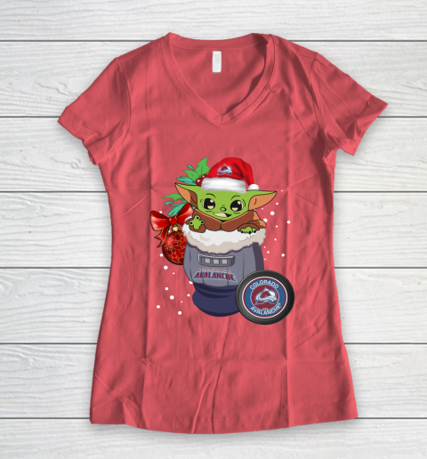 Colorado Avalanche Christmas Baby Yoda Star Wars Funny Happy NHL Women's V-Neck T-Shirt 6