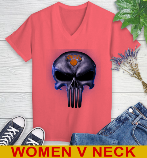 New York Knicks NBA Basketball Punisher Skull Sports Women's V-Neck T-Shirt 6