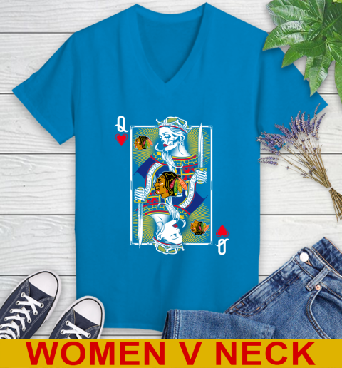 NHL Hockey Chicago Blackhawks The Queen Of Hearts Card Shirt Women's V-Neck T-Shirt 7