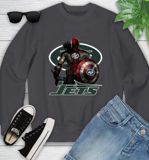 NFL Captain America Thor Spider Man Hawkeye Avengers Endgame Football New York Jets Youth Sweatshirt 6