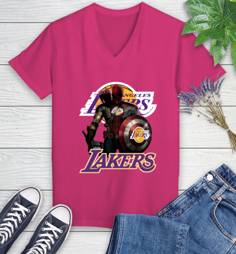 Los Angeles Lakers NBA Basketball Captain America Thor Spider Man Hawkeye Avengers Women's V-Neck T-Shirt 9