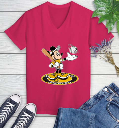MLB Baseball Pittsburgh Pirates Cheerful Mickey Disney Shirt Women's V-Neck T-Shirt 8