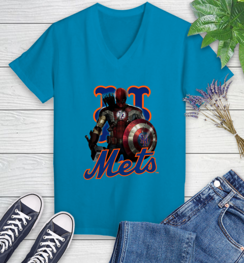 MLB Captain America Thor Spider Man Hawkeye Avengers Endgame Baseball New York Mets Women's V-Neck T-Shirt 7