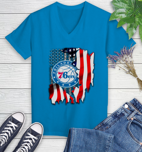 Philadelphia 76ers NBA Basketball American Flag Women's V-Neck T-Shirt 7