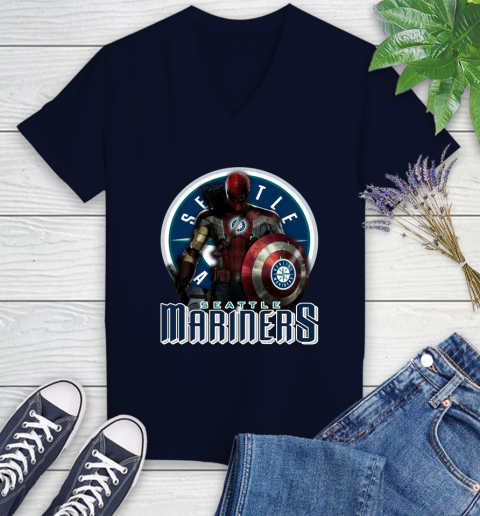 MLB Captain America Thor Spider Man Hawkeye Avengers Endgame Baseball Seattle Mariners Women's V-Neck T-Shirt 3