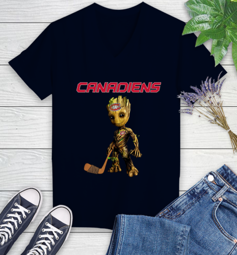 Montreal Canadiens NHL Hockey Groot Marvel Guardians Of The Galaxy Women's V-Neck T-Shirt 3