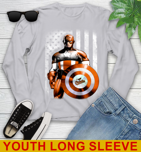 Baltimore Orioles MLB Baseball Captain America Marvel Avengers American Flag Shirt Youth Long Sleeve 5