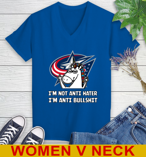 Columbus Blue Jackets NHL Hockey Unicorn I'm Not Anti Hater I'm Anti Bullshit Women's V-Neck T-Shirt 11