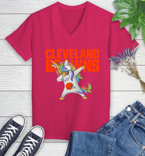 Cleveland Browns NFL Football Funny Unicorn Dabbing Sports Women's V-Neck T-Shirt 9