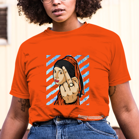 Air Jordan 1 Shattered Backboard 3.0 Matching Sneaker Tshirt The girl With The Pearl Earing Middle Finger Orange and Black Jordan Tshirt