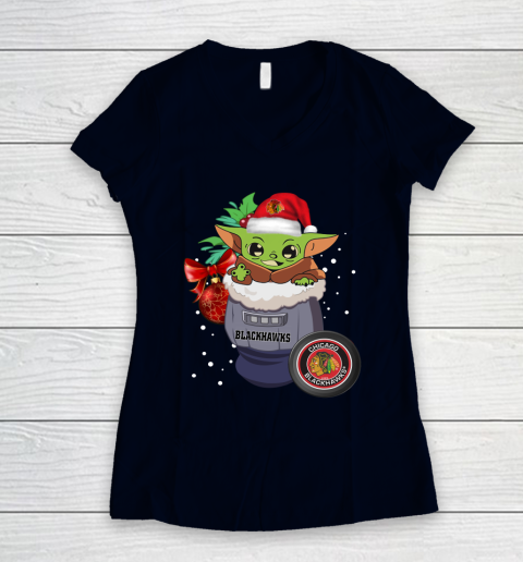 Chicago Blackhawks Christmas Baby Yoda Star Wars Funny Happy NHL Women's V-Neck T-Shirt 3