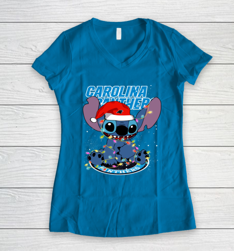 Carolina Panthers NFL Football noel stitch Christmas Women's V-Neck T-Shirt 4