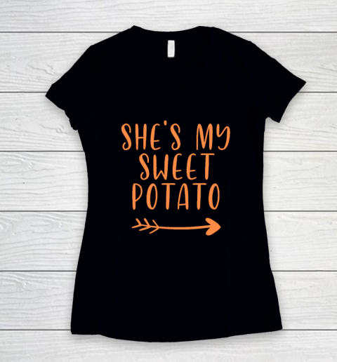 Thanksgiving Matching Couple She's My Sweet Potato I Yam Set Women's V-Neck T-Shirt