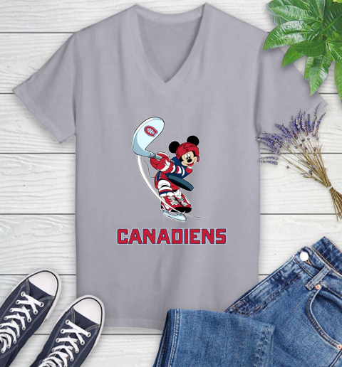 NHL Hockey Montreal Canadiens Cheerful Mickey Mouse Shirt Women's V-Neck T-Shirt - Image 5