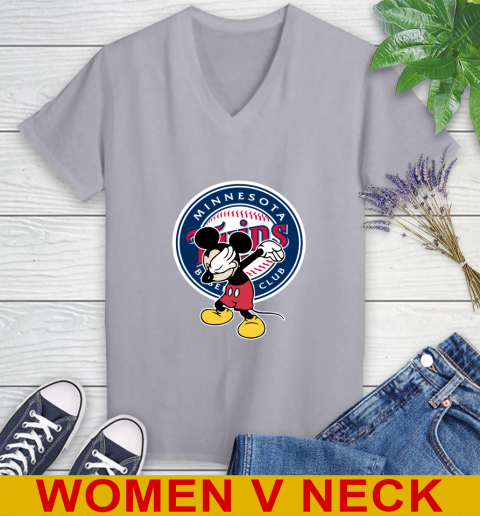 Minnesota Twins MLB Baseball Dabbing Mickey Disney Sports Women's V-Neck T-Shirt 5